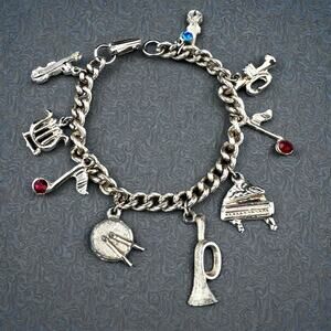 Vintage Musical Instruments Charm Bracelet Gold Tone Rhinestone Notes Chain